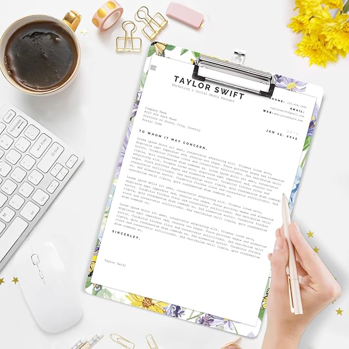 WAVEYU Cute Hardboard Office Clipboard, Clipboard with Low Profile Clip Designed for Students Classroom School and Office Use(12.5"x9"), Yellow Flower