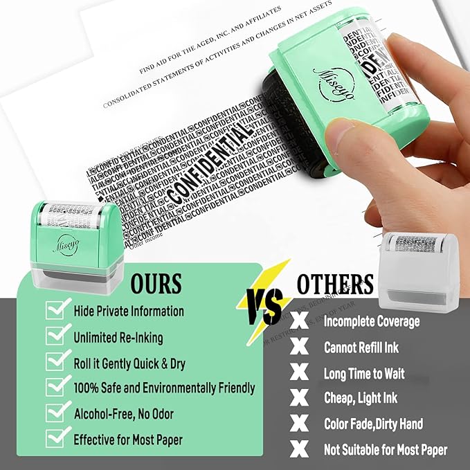 Miseyo Wide Roller Stamp Identity Theft Stamp 1.5 Inch Perfect for Privacy Protection - Mint Green
