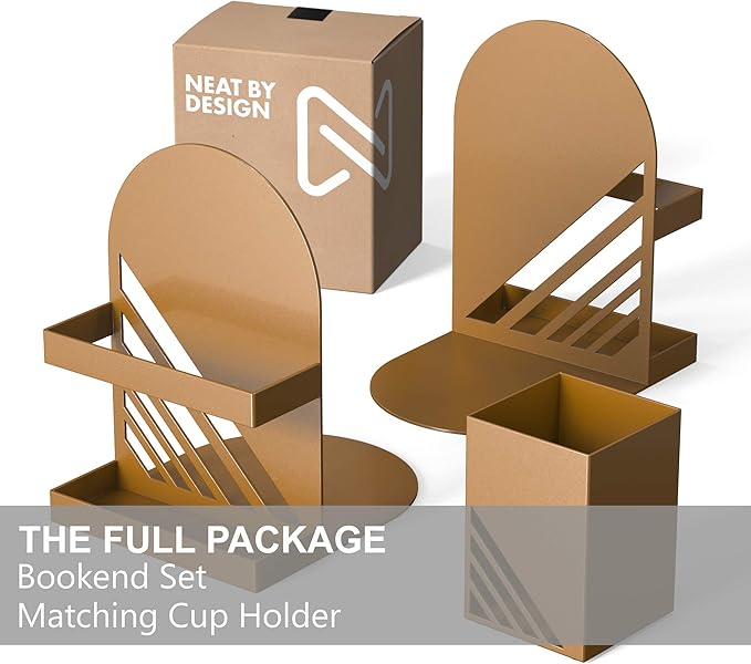 Iron Arch Modern and Decorative Bookends for Heavy Books, 200% Stronger & Heavier Than The Average Bookends, Large Bookends with Matching Bonus Storage Cup (Sahara Gold)