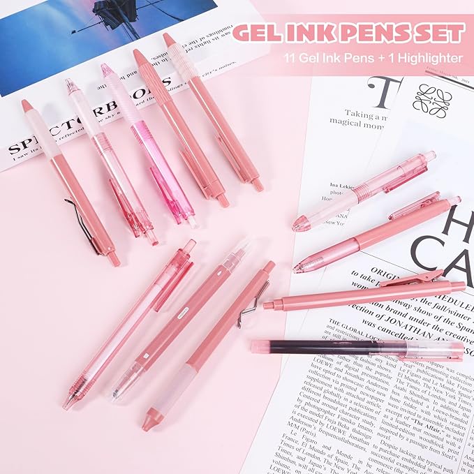 12Pcs Gel Pens Set, 11Pack Gel Pens with 1Pack Highlighter - Fast-Drying Black Ink, Fine Point 0.5mm, Retractable, Cute Pens - Garnet Red Aesthetic Gel Ink Pens for Journaling