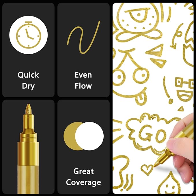 SFAIH Acrylic Gold Paint Pens - 8 Pack 2-3MM Medium Tip & 0.7MM Extra Fine Gold Markers Permanent for Rock, Wood, Metal, Fabric, Plastic, Glass, Ceramic, Diy Crafts, Large Ink Capacity, High Coverage
