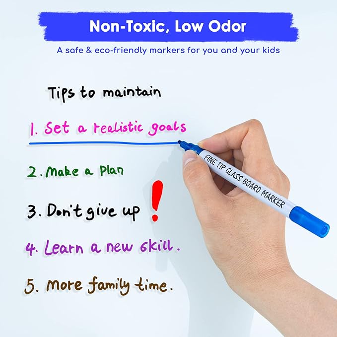 Maxtek Dry Erase Markers Fine Tip, Glass Board Markers for Glass, Window, Acrylic, Planning Board, 1mm Fine Points, 8 Bold Colors