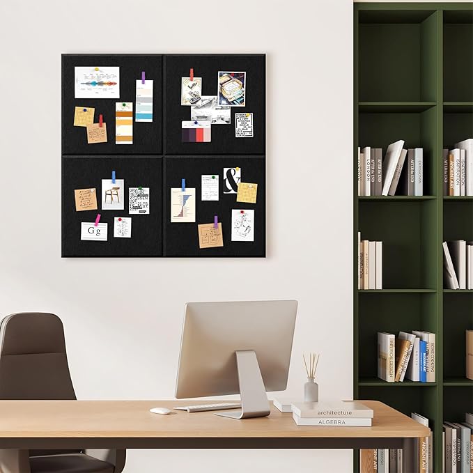 4 Pack Cork Board Tiles 12x12 Inches, 1/2" Thick Felt Cork Squares with 30 Push Pins, Bulletin Board Pin Board, Adhesive Cork Board for for Wall for Home, Office, and Kitchen (Black)