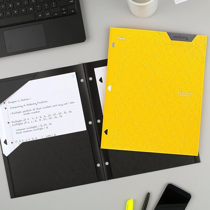 Five Star 2-Pocket Folder, Plastic Folder with Stay-Put Tabs, Fits 3 Ring Binder, Holds 8-1/2" x 11" Paper, Yellow (333420K-ECM)