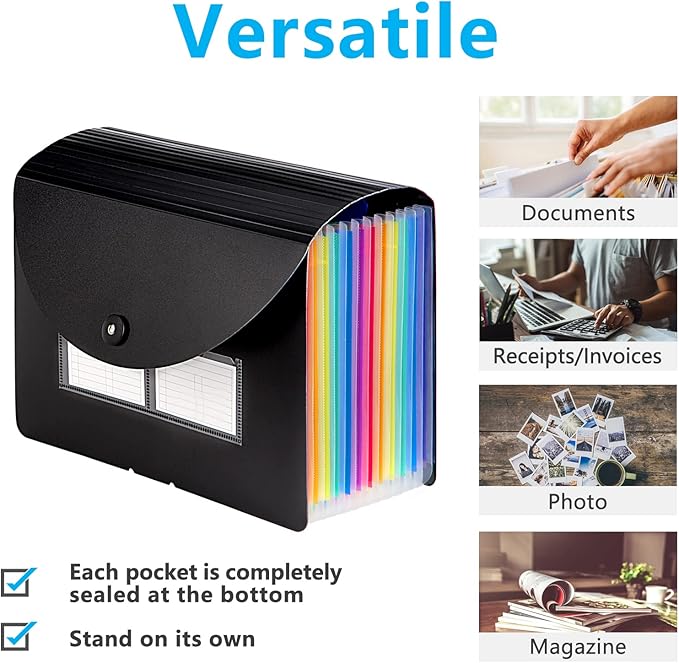 Sooez Accordion File Organizer, 12 Pockets Expanding File Folder, Portable Monthly Paper Bill Tax Receipt Organizer, Letter A4 Size Document Holder with Blank Labels, Black