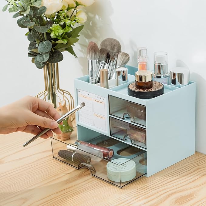 Desk Organizer with 3 Drawer, Multi-Functional Pencil Pen Holder for Desk, Desk Organizers and Storage with 8 Compartments, Desktop Organizer for Office Home Art Supplies (Blue)