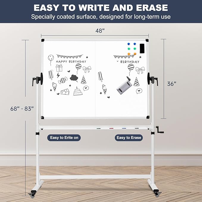 TANKEE Mobile Whiteboard 48 X 36 Inches Height Adjustable Large Standing White Board on Wheels, Rolling Double-Sided Magnetic Dry Erase Board for Office School Classroom Home