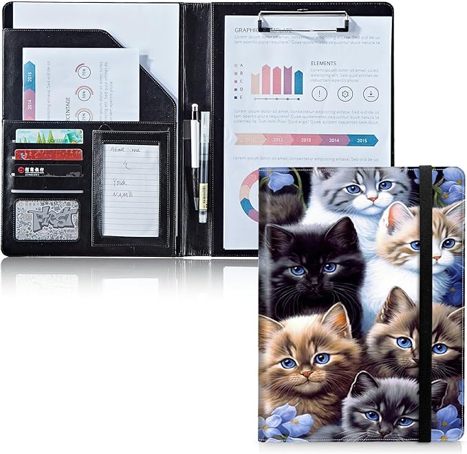 Padfolio Folder with Clipboard,Portfolios Organizer Clipboards with Storage Clipboard Writing Pad PU Leather Conference Document Organizer with Business Card Holder,Cute Cat