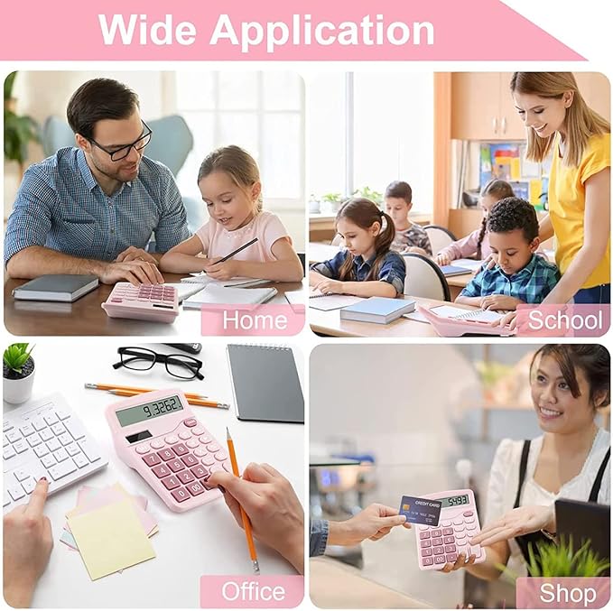Office Calculators Desktop, 12-Digit Dual Power Cute Calculator with Large LCD Display Big Button for Office Home and School (Pink)