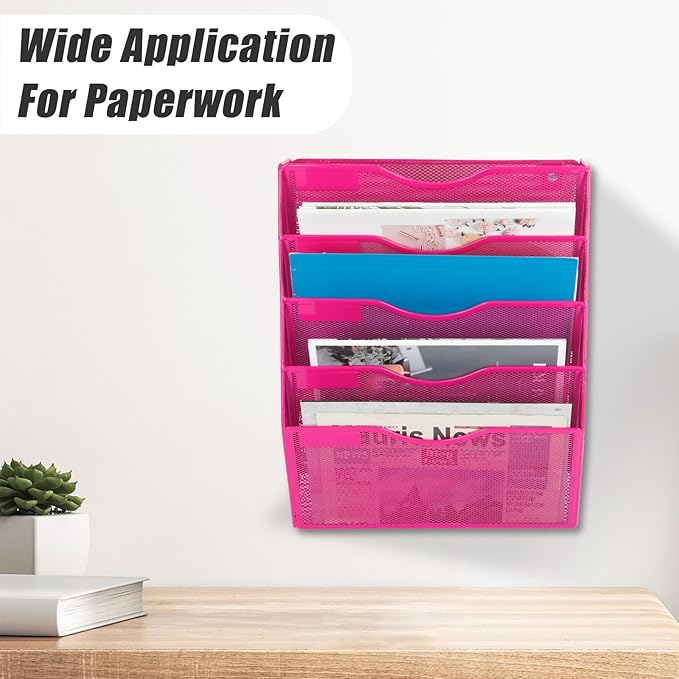 EASEPRES 5 Pocket Mesh Hanging Wall File Organizer, Wall Mounted Mail Paper Document Folder Holder, Clipboard Storage Organization Magazine Rack with Nametag Label for Office Home School, Rose Red