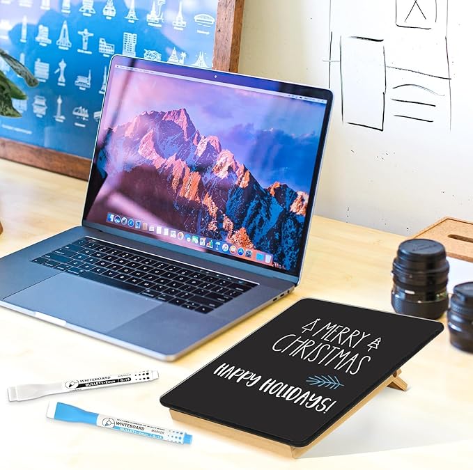 WALGLASS Desktop Black Glass Dry Erase Board 9.5"x 6.7" with Reversible Wood Stand, Small White Board, Portable Whiteboard for Desk, Reusable Desk Notepad with 2 Markers&Eraser for Home, Office