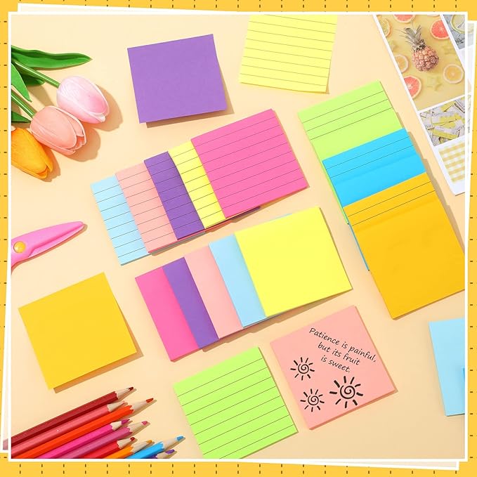 Yexiya 64 Pcs Lined Sticky Notes Self Stick Notes with Lines Bright Assorted Colors Sticky Notes for Home Office Products Post Memos, 1920 Sheets(3 x 3 Inch,Lined, Blank)