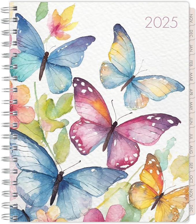 Essential PRO 2025 Daily, Weekly & Monthly Planner, 7"x9": 14 Months (Nov 2024 - Dec 2025) Monthly Tabs,Daily Tracking,Notes Pages,Storage Pocket,Bookmark w Sticky Notes (Watercolor Butterflies)