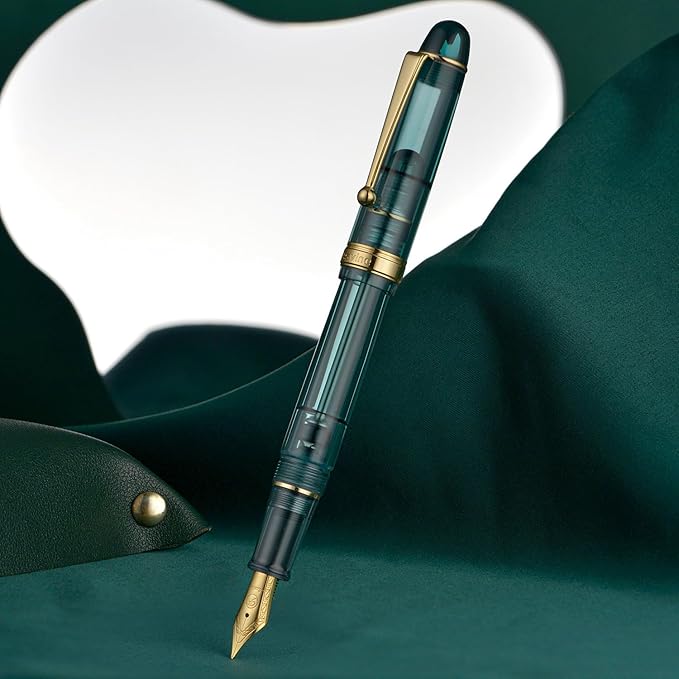Asvine V126 Vacuum Filling Fountain Pen Extra Fine Nib, Transparent Teal Acrylic, Large-Capacity with Gift Case