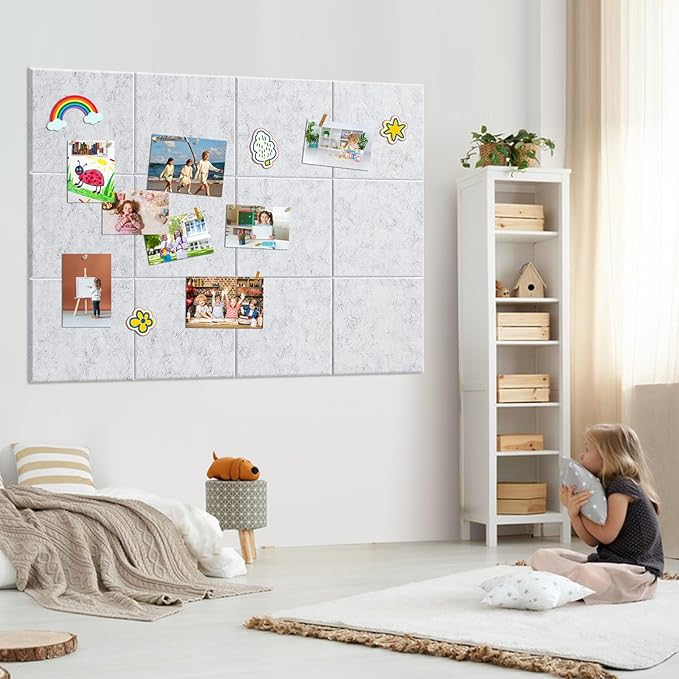 Large Cork Board for Walls - 12 Pack Felt Wall Tiles with Safe Removable Adhesive Tabs - 48" x 36" Bulletin Board for Office & School & Home Decor - Marble White