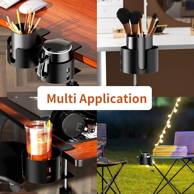 2 Pack Large Desk Cup Holder, OOKUU Anti-Spill Cup Holder for Desk or Table, Sturdy and Durable, Easy to Install, Enough to Hold Coffee Cups, Water Bottles, Gaming PC Office Accessories, Black