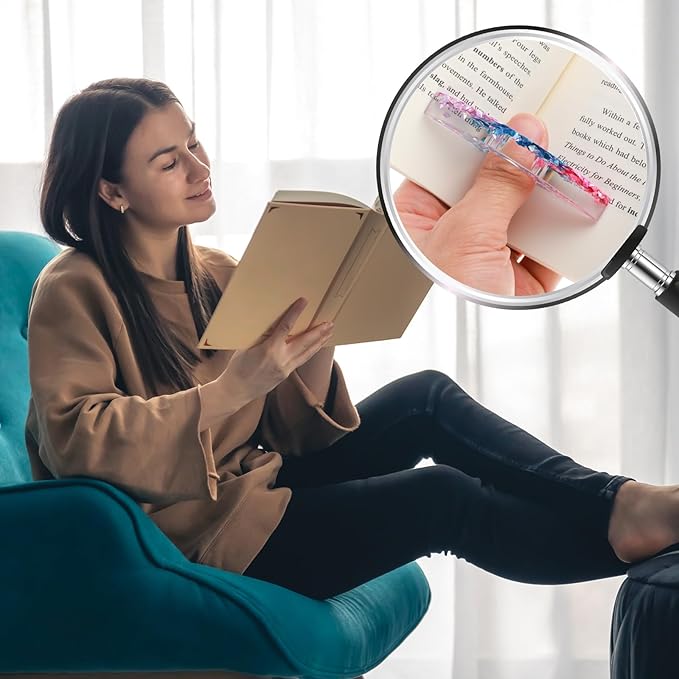 Rhinestones Book Page Holder, Glitter Crystal Thumb Book Holder, Sector Resin Book Opener Handmade Thumb Bookmarks Reading Accessories for Birthday Party Wedding Gifts(Purple Green+Pink Blue)