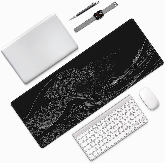 Extended Gaming Mouse Pad, Large Gaming Mouse Waterproof with Stitched Edges, Non-Slip Desktop Pad for Home and Office, Level Up Your 31.5x11.8 Inch… (Black Wave)