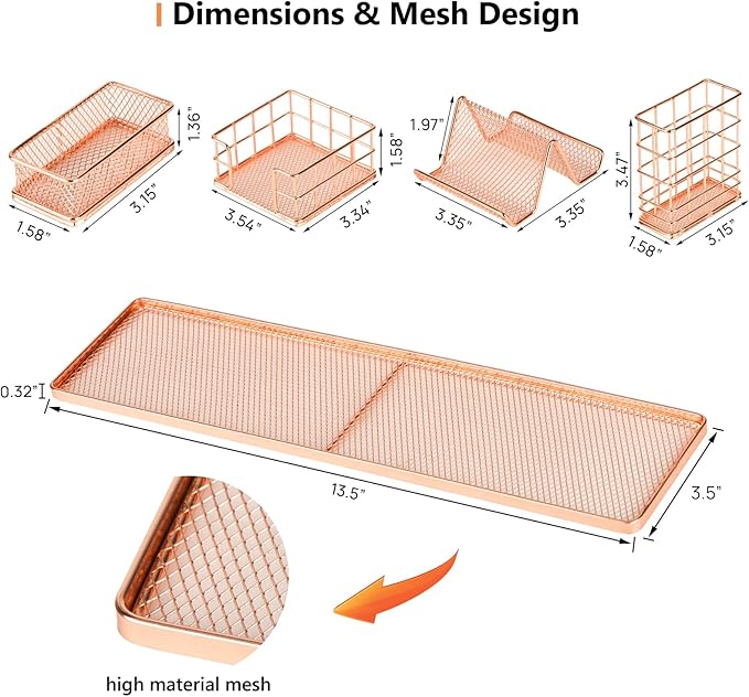 Rose Gold Desk Organizer, Office Desk Accessories with Pen Holder for desk, Desktop Organization with Phone Holder, Sticky Note Tray, Paperclip Storage and Caddy for Office Home School