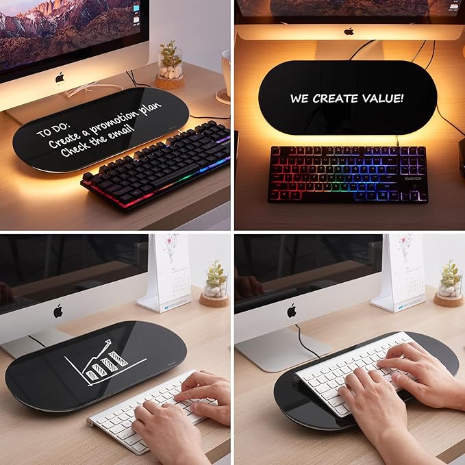 TSJ OFFICE Glass Desktop Whiteboard - 17 X 7 Inches Small Dry Erase Board with Warm Light, Black Glass White Board Surface Notepad with 1 Drawer, Desk Organizers for Office, Home, School Supplies