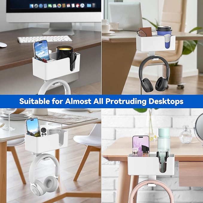 KDD 4 in 1 Desk Cup Holder - Clamp on Under Desk Headphone Hanger - Rotating Headphone Holder Detachable Pen Cup Holder Desk Storage for Cup, Phone and Pen(White)
