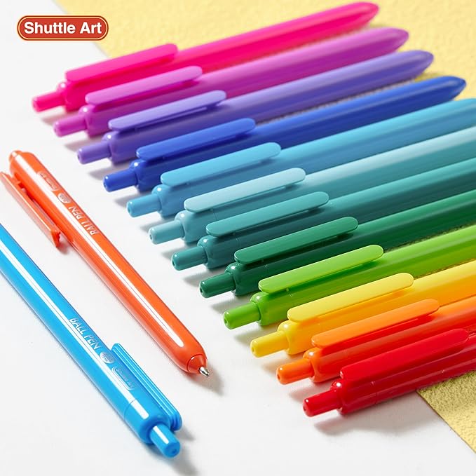 Shuttle Art Ballpoint Pens, 24 Pack Colored Retractable Black Ink Ball Point Pens, Cute Pens 1.0mm Medium Point Quick Drying for Writing Journaling Taking Notes School Office Home