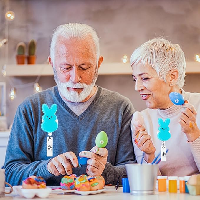 Cute Badge Holder Easter Badge Reel Blue Retractable Badge Reel Funny Bunny Nursing Alligator Clip Rabbit ID Name Badge Holder for Office Doctor Student Party Supplies Gift