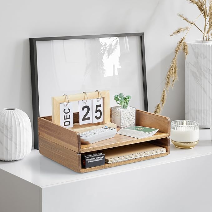 DRASTAR Stackable Paper Tray, Acacia Wooden Letter Tray, Paper Organizer for Desk, File Organizer Document Tray, Paper Holder for Office Desk Accessories