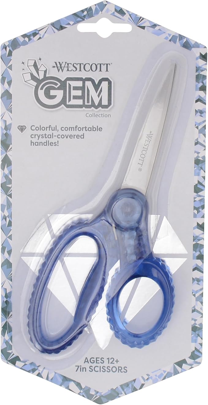 Westcott 7" GEM Crystal-Design Student Scissors, for Kids Aged 12+ - Scissors for School, Craft, Home, DIY, Classroom - Blue