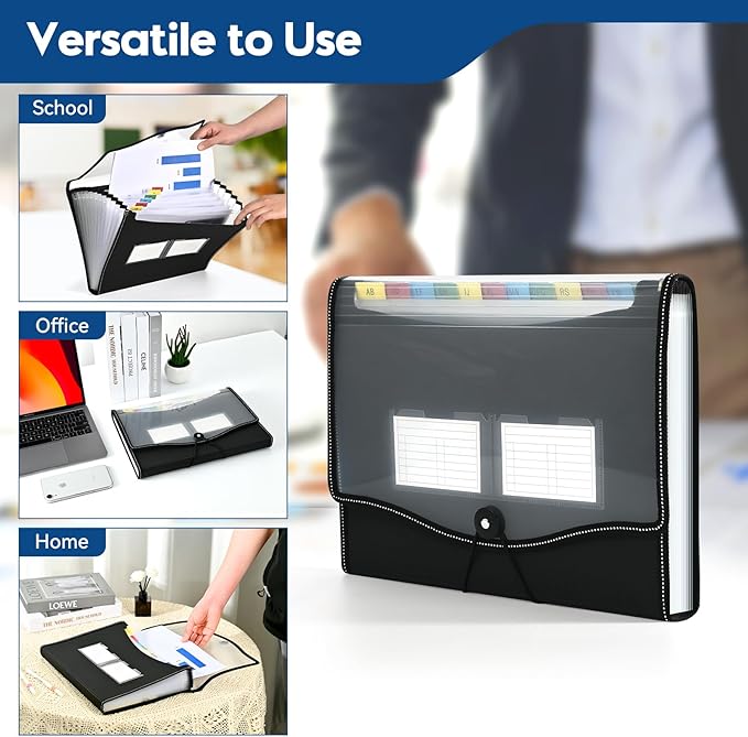 12-Pocket-Expanding File-Folder,Accordion-File-Organizer, A4/US Letter Size Paper Receipt Organizer Accordian Filing Folders (Black-T-12 Pockets)