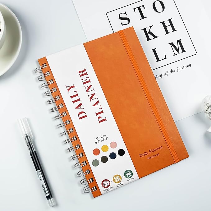 Undated Daily Planner,Undated Planner with Hourly Schedules, Daily Organizer Notebooks for work, Spiral Appointment Planner for Men and Wome, To Do List Notebook for Time Management, Elastic Closure, Pocket(Orange)