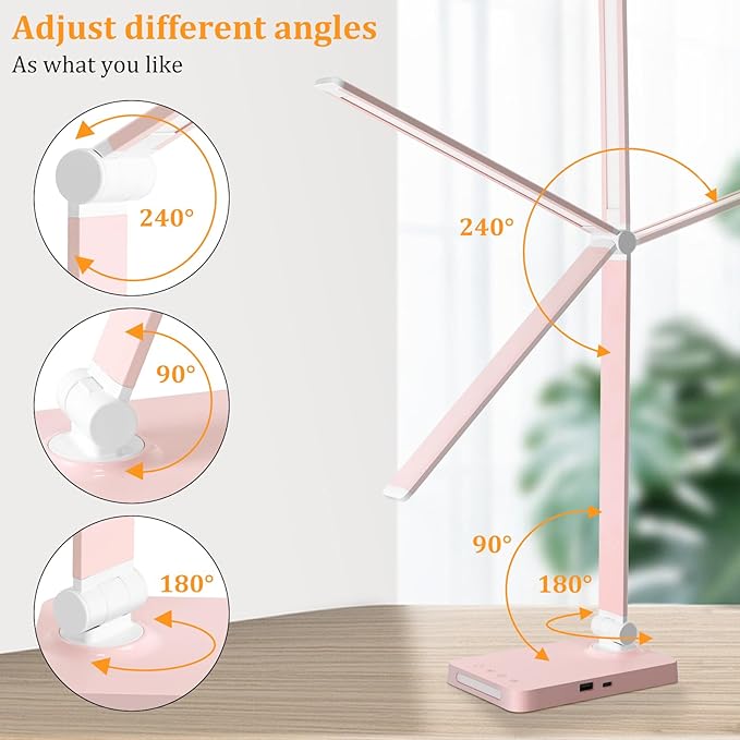 LED Desk Lamp with USB Ports,Touch Desk Lamps for Home Office with 5 Color Modes,3 Brightness Desk Light with Small Night Light,Reading Lamp Table Lamp for Bedroom Bedside Study Pink (with adapter)