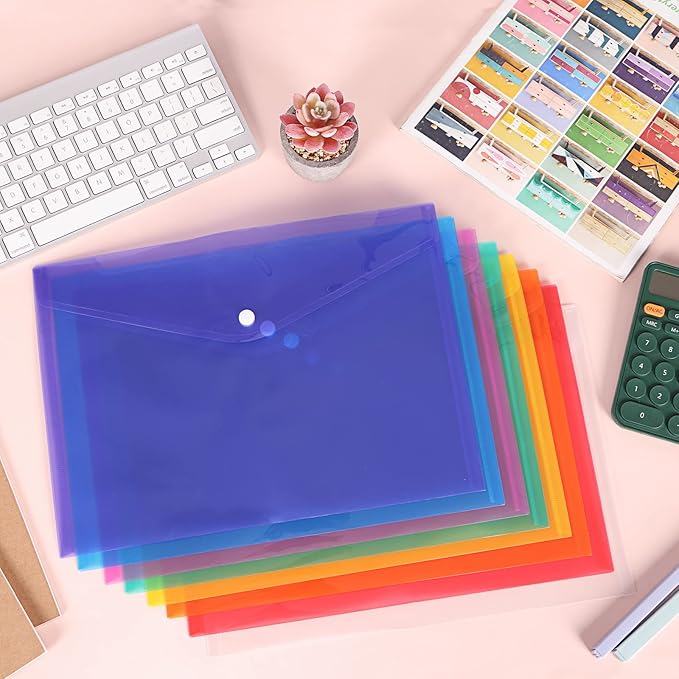 EOOUT 48 Pack Plastic Envelopes Poly Envelopes with Snap Closure, Clear Document File Folders, A4 Letter Size for School Home Work Office Organization, 8 Colors