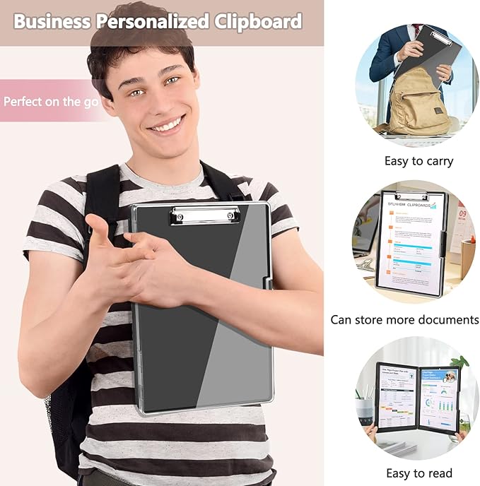 Clipboard with Storage,Heavy Duty Clip Boards 8.5x11 with 2 Storage Case,Clear Visible Top Panel Storage Clipboards,Side Opening Clip Boards,Nursing Clipboard Folder Case for Office Supplies-Black