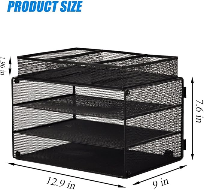 EASEPRES Paper Organizer Tray, 3 Tier Mesh Desk File Organizer Letter Sorter Holder with Drawer for Home Office, Black