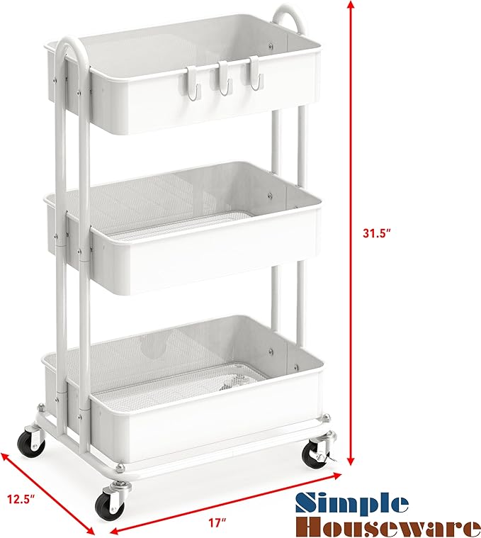 Simple Houseware Heavy Duty 3-Tier Metal Utility Rolling Cart, White