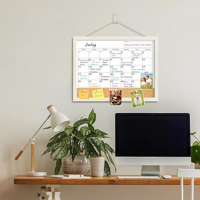 Calendar Whiteboard for Wall, TANKEE 17"x13" Whiteboard Calendar Cork Board Combo, Small Magnetic White Board with Wood Framed, Hanging Dry Erase Board for Kitchen Home Office School Planner