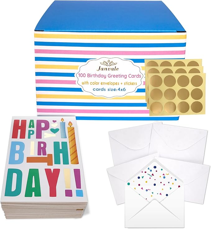 Happy Birthday Cards Bulk with Envelopes, 100 Pack, 10 Unique Gold Foil Designs, Organizer Box, Stickers, and Seals - 4x6 Inches, Thick Card Stock Set, Ideal for Kids, Men, Women, and Elderly