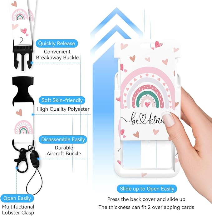 Rainbow Be Kind Badge Holder with Retractable Reel and Breakaway Lanyard,Badge Clips Retractable Heavy Duty Badge Reel,Funny Keychain,ID Holder with Breakaway Lanyard for School Nurse Office Teen