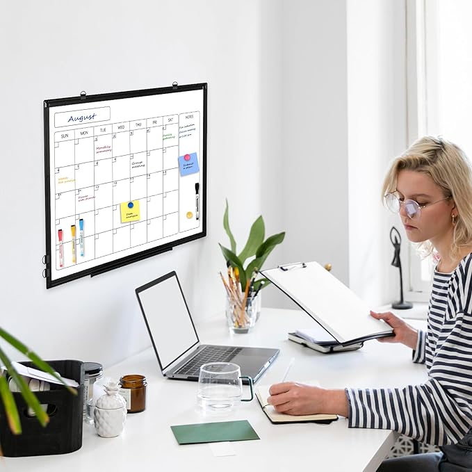 Monthly Calendar Dry Erase Whiteboard, 24" x 18" Magnetic Calendar White Board, Double-Sided Portable Board with Black Aluminium Frame for Office, Kitchen, School, Home