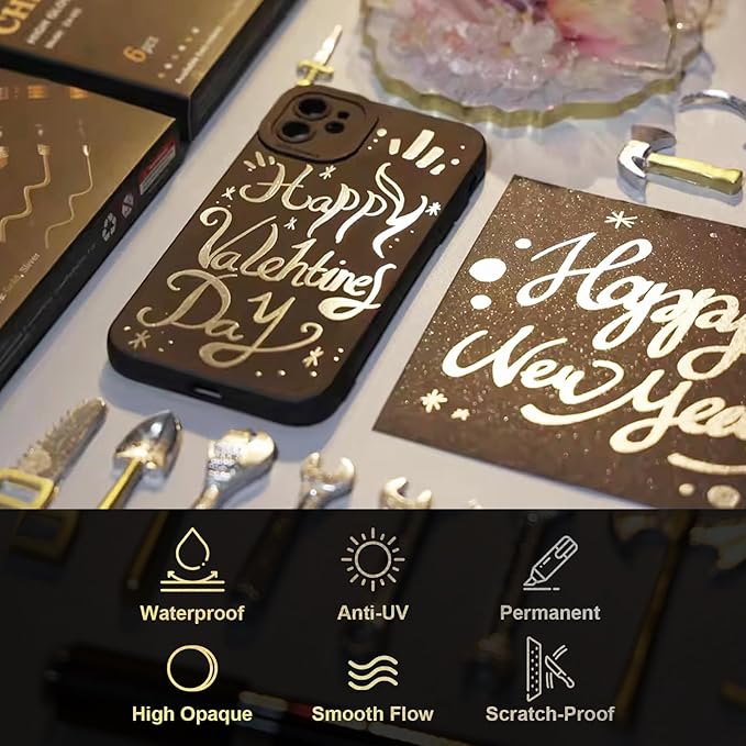 LET'S RESIN 6Pcs Mirror Chrome Markers,3 Sizes Shiny Chrome Paint Pen with Large Barrel, Quick Dry Oil-based Silver & Gold Markers for Metal, Resin, Model Painting, Marking or DIY Art(1-5mm