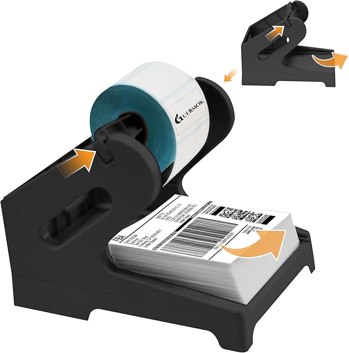 Guermok Thermal Shipping Label Holder for Rolls & Fan-Fold, Fragile Stickers for Shipping, Label Stand Desktop Printer Holder-Home Office Accessory-Sticker Dispenser for Holographic (Black)