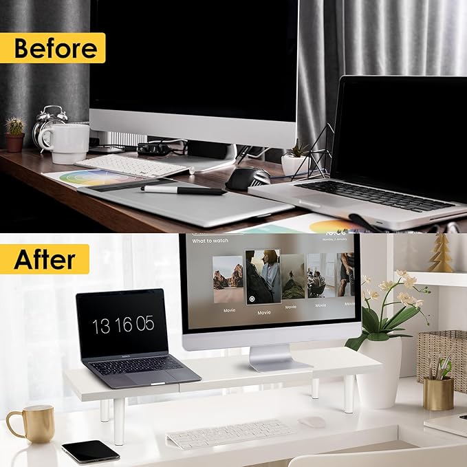 Dual-Monitor-Stand-Riser-For-Desk Adjustable Length 32-40 Inch,Large Desktop Computer Monitor Riser For 2 Screens,Desk Shelf Organizer Riser Stand For Computer/Laptop/PC/Printer/TV White