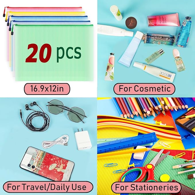 AUSTARK 20 Pcs Zipper File Bags, Plastic Mesh Pouch, Board Game Storage, Waterproof for Office School (A3 Size 16.9''x12'', Multicolored)