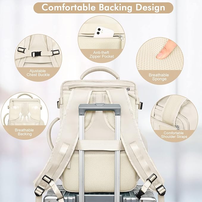 Travel Backpack for Men Women, Airline Approved Carry-on Backpack Luggage, Personal Item Backpack Bag, Large Gym Work Backpack, Beige