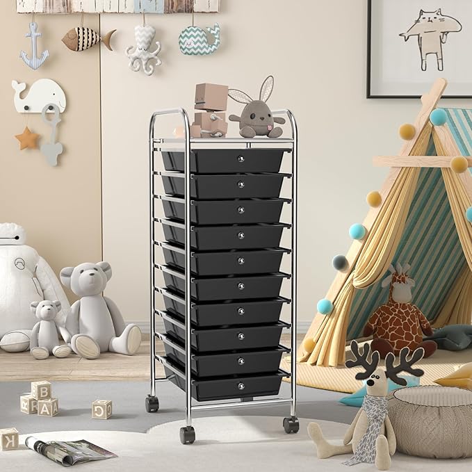 Storage Cart, Rolling Utility Cart with 10 Drawers, Portable Handles & Lockable Wheels, Mobile Paper Toys Storage Organizer Large Capacity for Home Office School Teacher (Black)