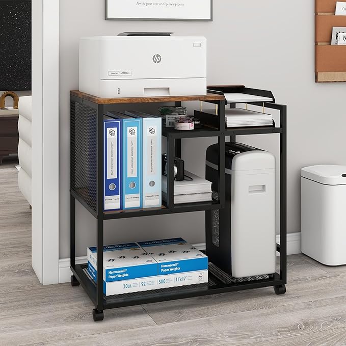 Natwind Mobile Printer Stand with Wheels,Computer Host Cart,PC Tower Stand, Multi-Functional Organizer Shelf for Shredder, Scanner, CPU,File Papers and Other Office Supplies (Retro)