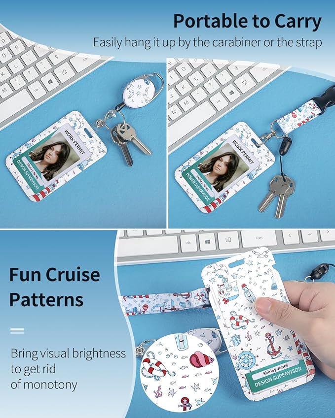 Uniclife Fashionable Sliding Badge Holder Cruise Pattern Plastic Case with Retractable Badge Reel Carabiner Clip & Detachable Lanyard Strap Vertical Card Protector for Women Nurse Teacher Student