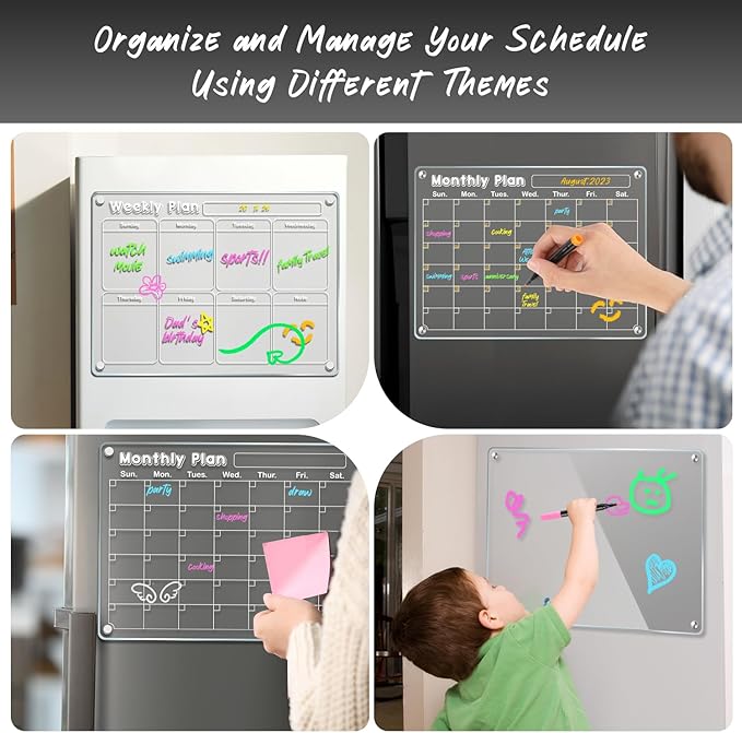 DIYMAG 3Pcs Acrylic Magnetic Dry Erase Calendar for Fridge, Clear Acrylic Calendar Planning Board Set Magnetic Weekly Monthly Planner Menu for Refrigerator with 6 Highlight