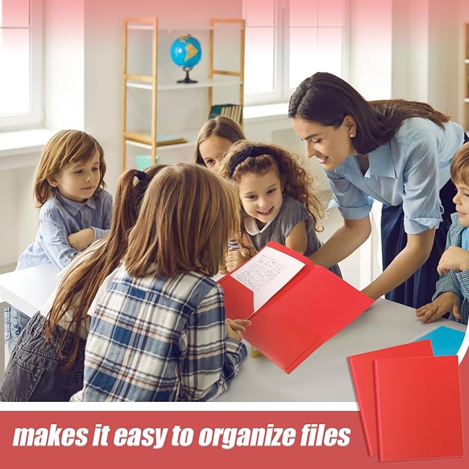 Gueevin 24 Pcs Plastic Folders with Pockets, Two Pocket Folder Fit Letter Size, Heavy Duty School Business Card Holder for Home Office School Bussiness, 11.61 x 9.45 Inches (Red)